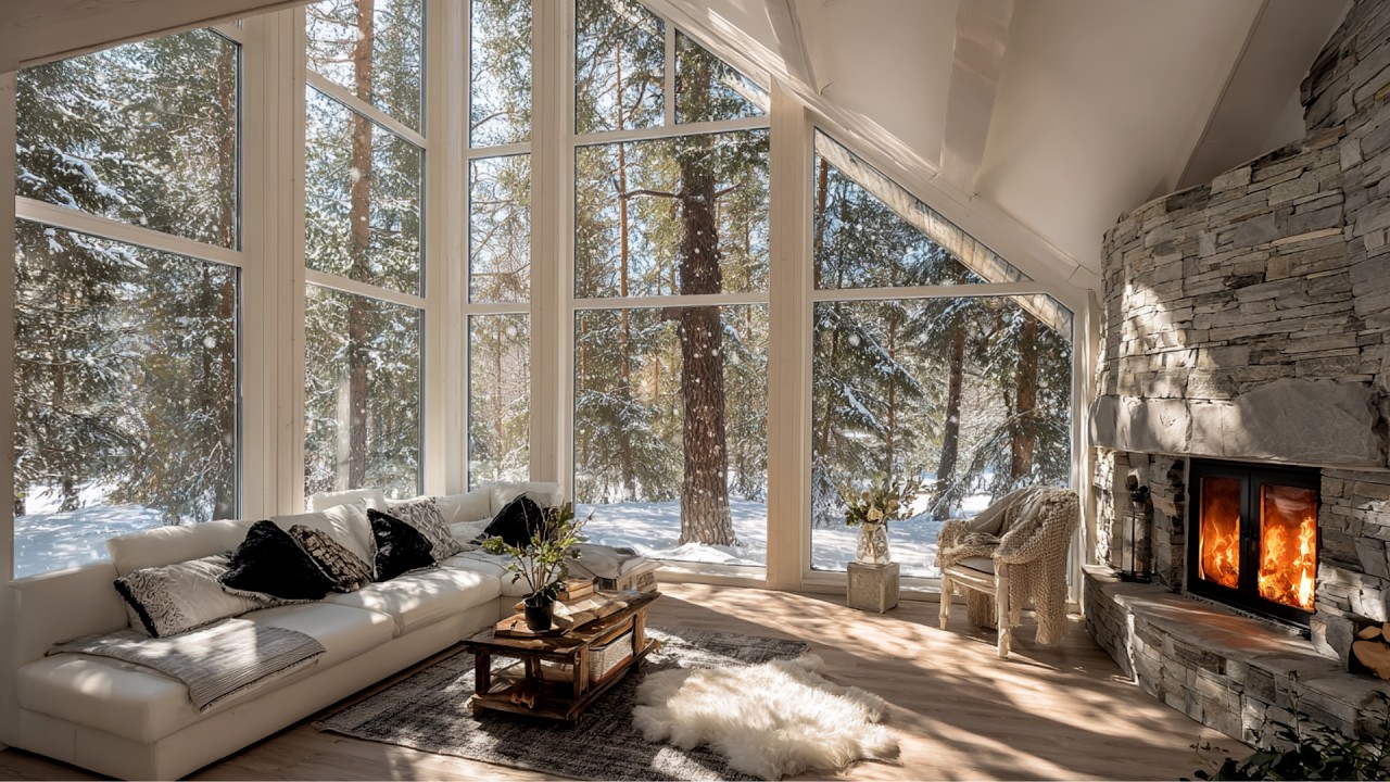 Gentle Snowfall & Fireplace Crackles – Warm Winter Holiday Room for Relaxation and Deep Sleep