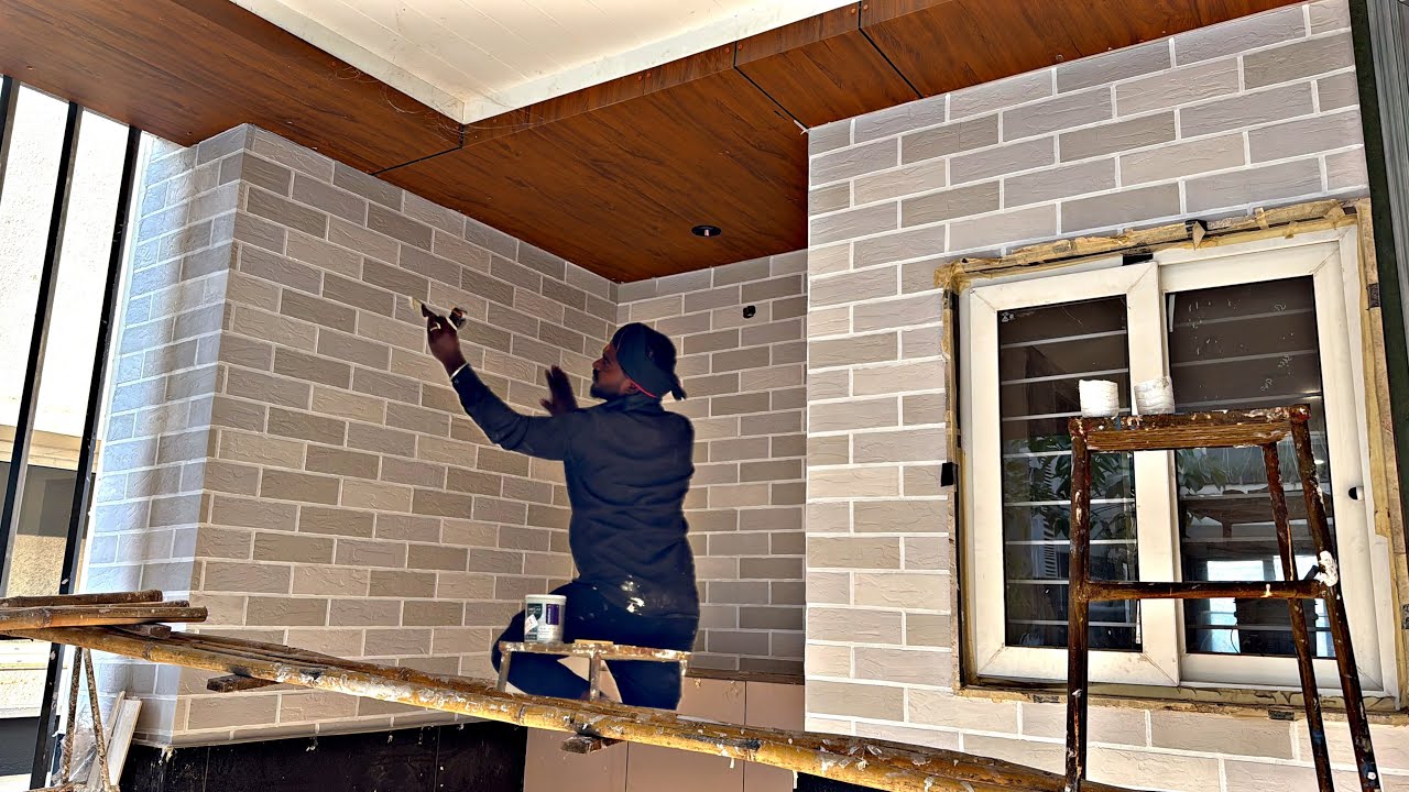 Wall Texture Bricks Design Main Door Wall | Wall Painting Masking Tape Designs