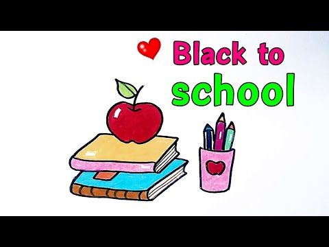 How to Draw Back to School Apple and Pencil on Books.  draw pencils . draw notebook.