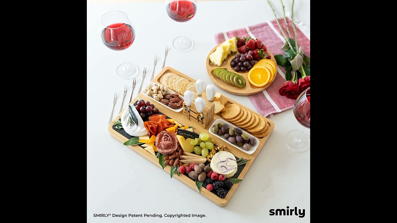SMIRLY Bamboo Cheese Board and Knife Set: Large Charcuterie Boards Set, Cheese Tray Platter Unique