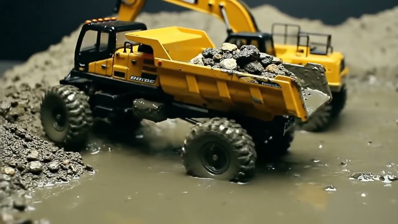 Miniature Digger Stuck in Deep Mud Rescued by Truck