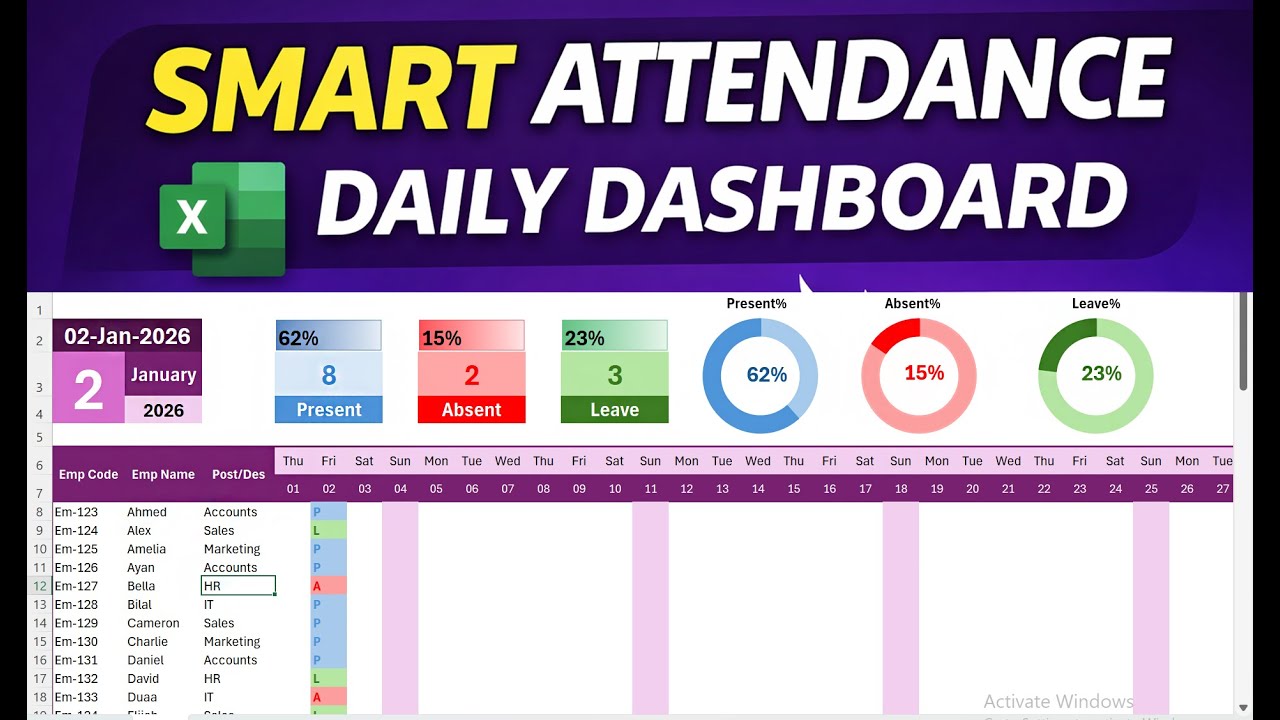 Smart Daily Attendance Dashboard in Excel | Modern Design with Doughnut Charts
