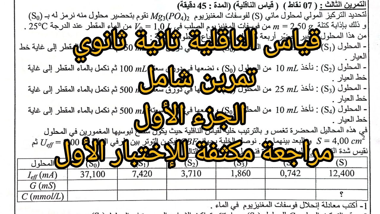 قياس الناقلية تمرين شامل لمراجعة الاختبار الأول في الفيزياء ثانية ثانوي الجزء01