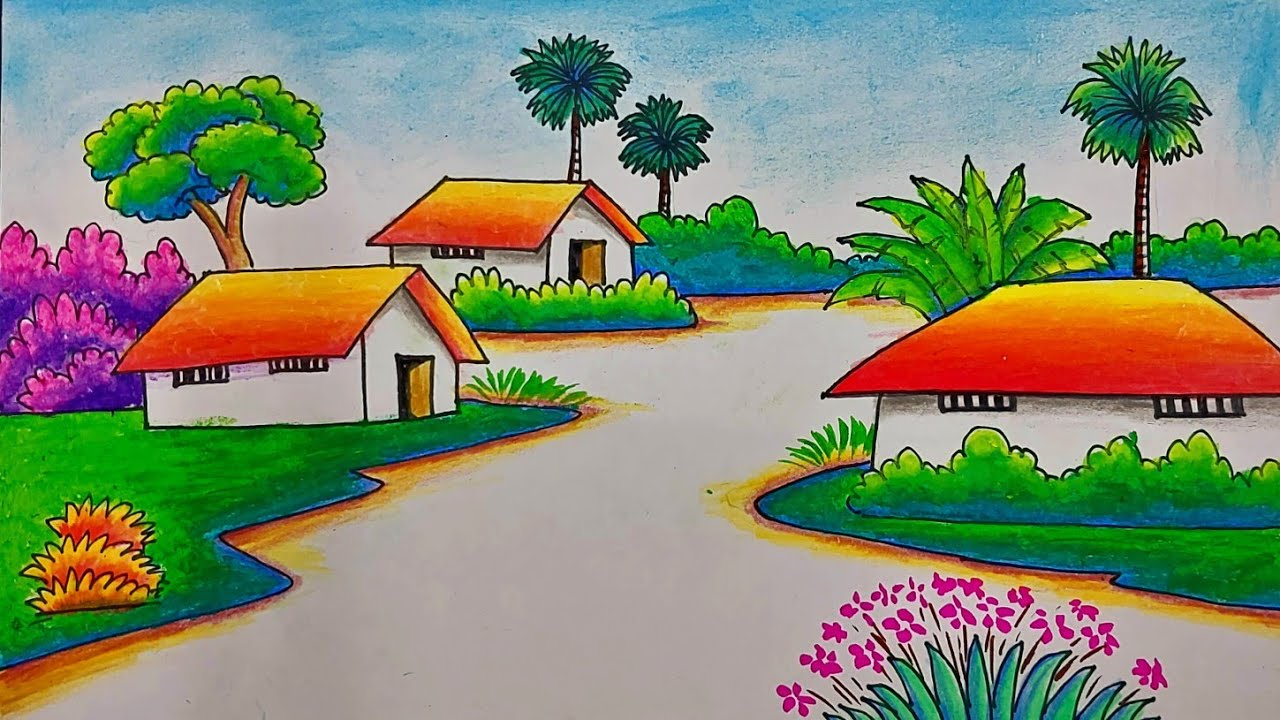 How to draw easy Village Scenery | Drawing Village Scenery with ...