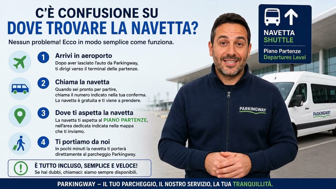Anteprima del video: come raggiungere il punto d’incontro e salire sulla navetta gratuita Parking Way all’Aeroporto di Fiumicino