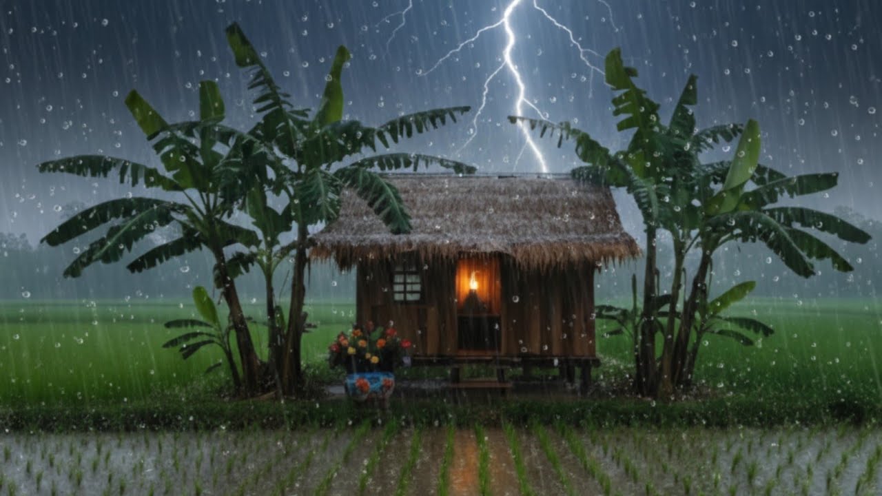 Cozy : hut in the rice fields during heavy rain | makes the atmosphere calm and peaceful