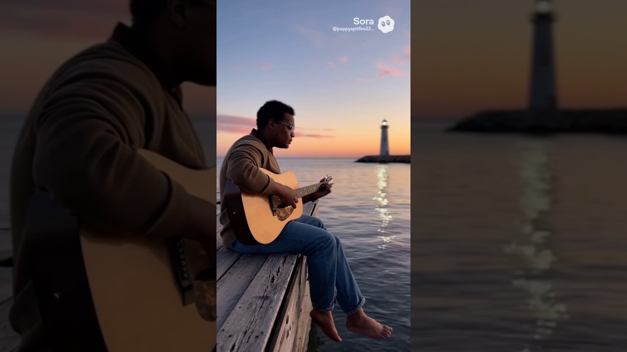 Poppy Spitfire sits on a weathered dock, barefoot, jeans cuffed, playing a guitar with gentle waves