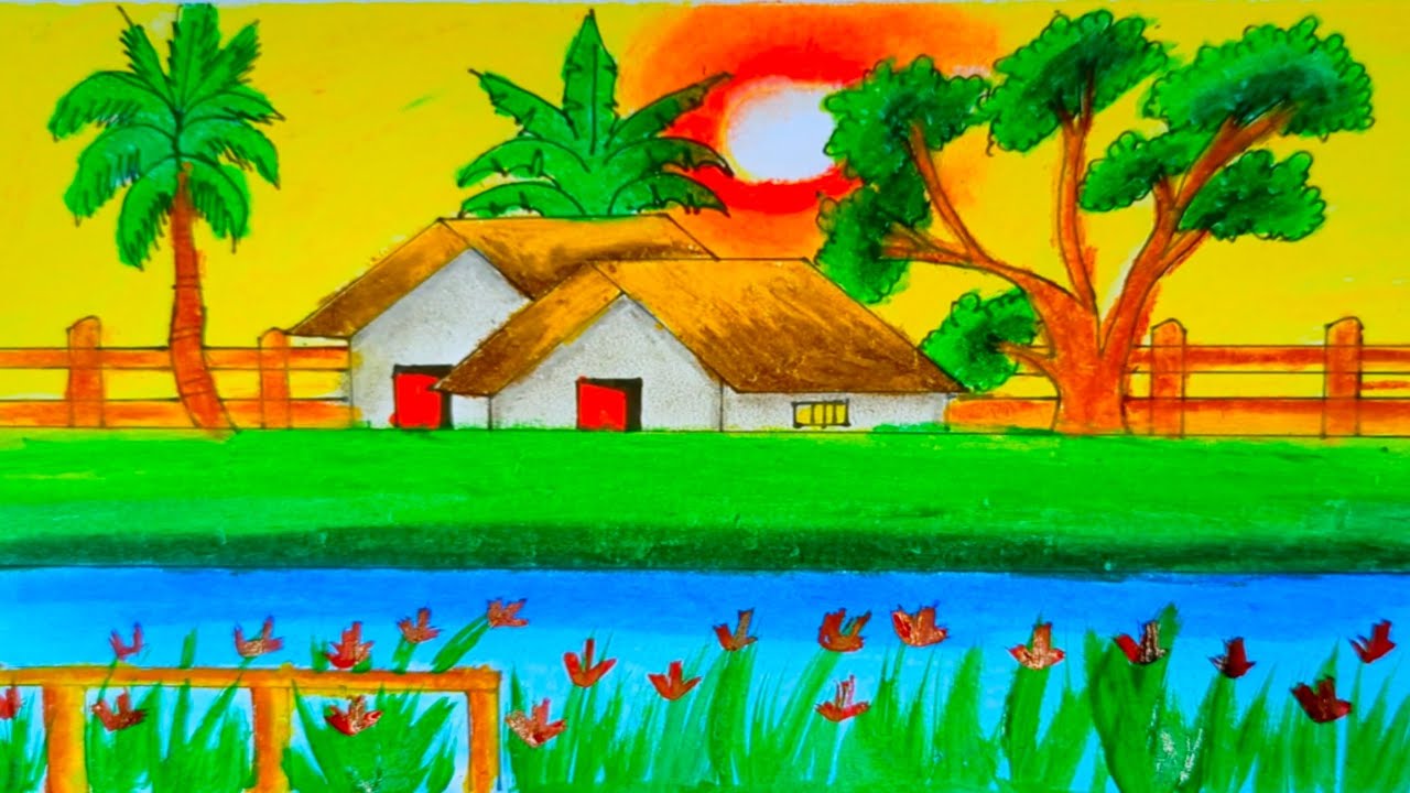 How to Draw a Beautiful Village Scenery with Sunset | Easy Step-by-Step Landscape Art