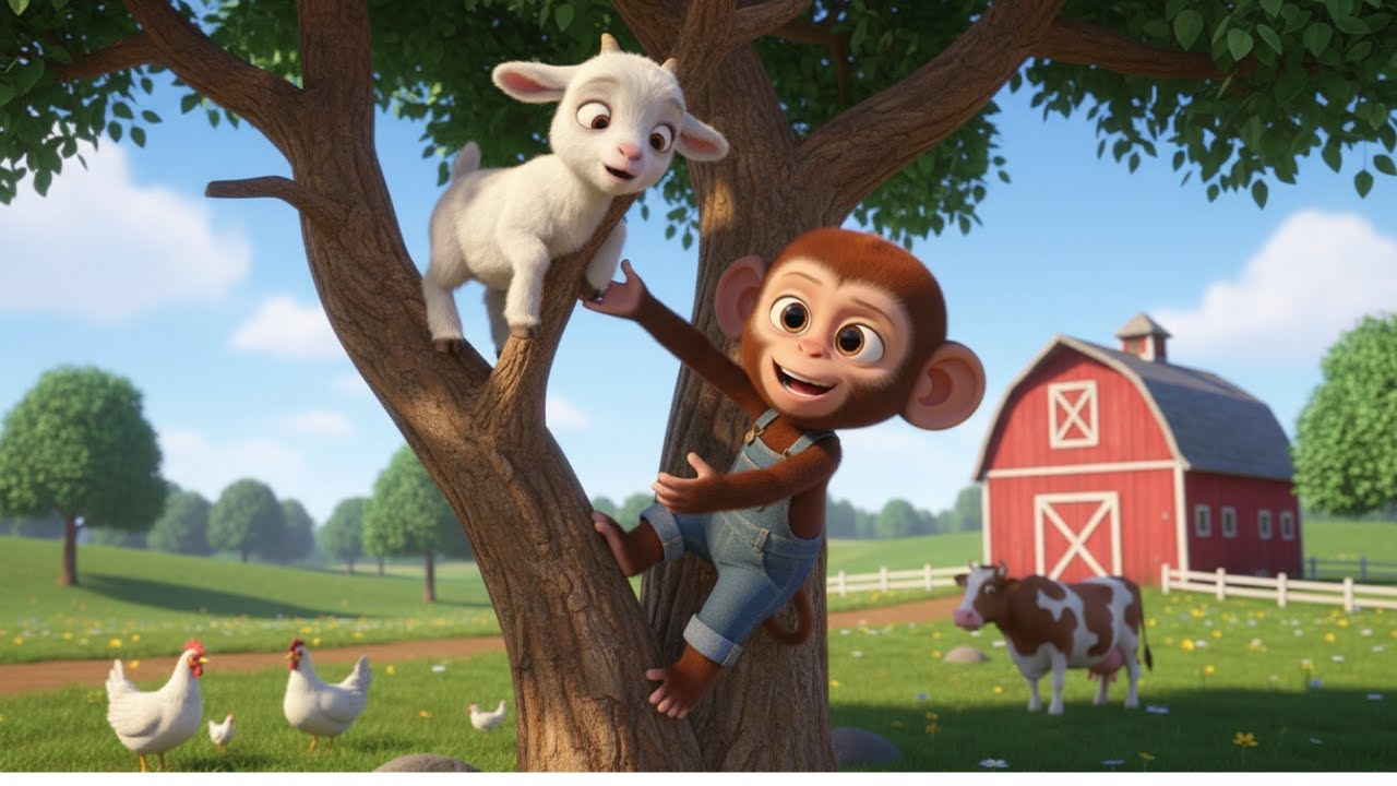 Monkey Cartoon Funny – Monkey Rescues Baby Goat Stuck in a Tree – Farm Life Adventures