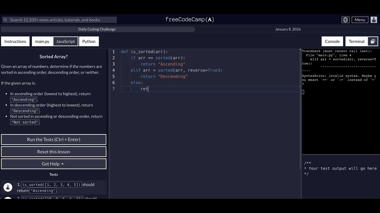 FreeCodeCamp - Daily Challenge - Python - Sorted Array? - January 8, 2026