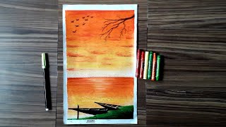 crayon sunset scenery drawing easy draw step beginners oilpastel