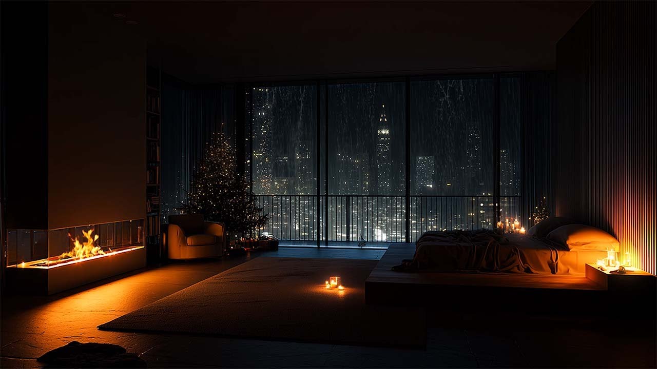 Calm Rainy Evening - Soft Firelight & Peaceful Cityscape - Relaxing Ambience for Sleep