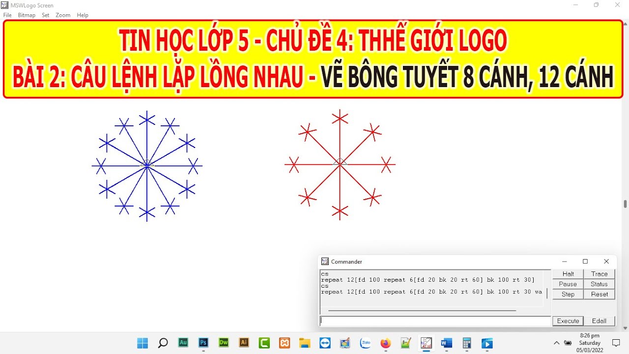 TIN HỌC 5 | LOGO RÙA | CÂU LỆNH LẶP LỒNG NHAU |VẼ BÔNG TUYẾT 8 CÁNH VÀ BÔNG TUYẾT 12 CÁNH