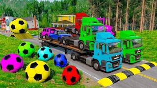 Flatbed Trailer McQueen Transportation with Truck - Speedbumps vs Cars vs Train - BeamNG.Drive #4