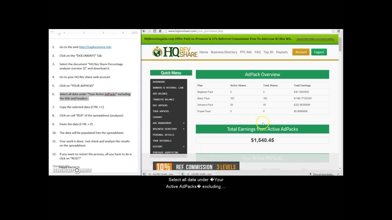 Step by step instruction for using V2- HQ Rev Share Analyzer by ExploreMore.info