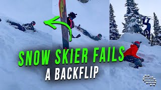 Snow Skier Attempts a Backflip on a Ramp but Fails as Cameraman Laughs