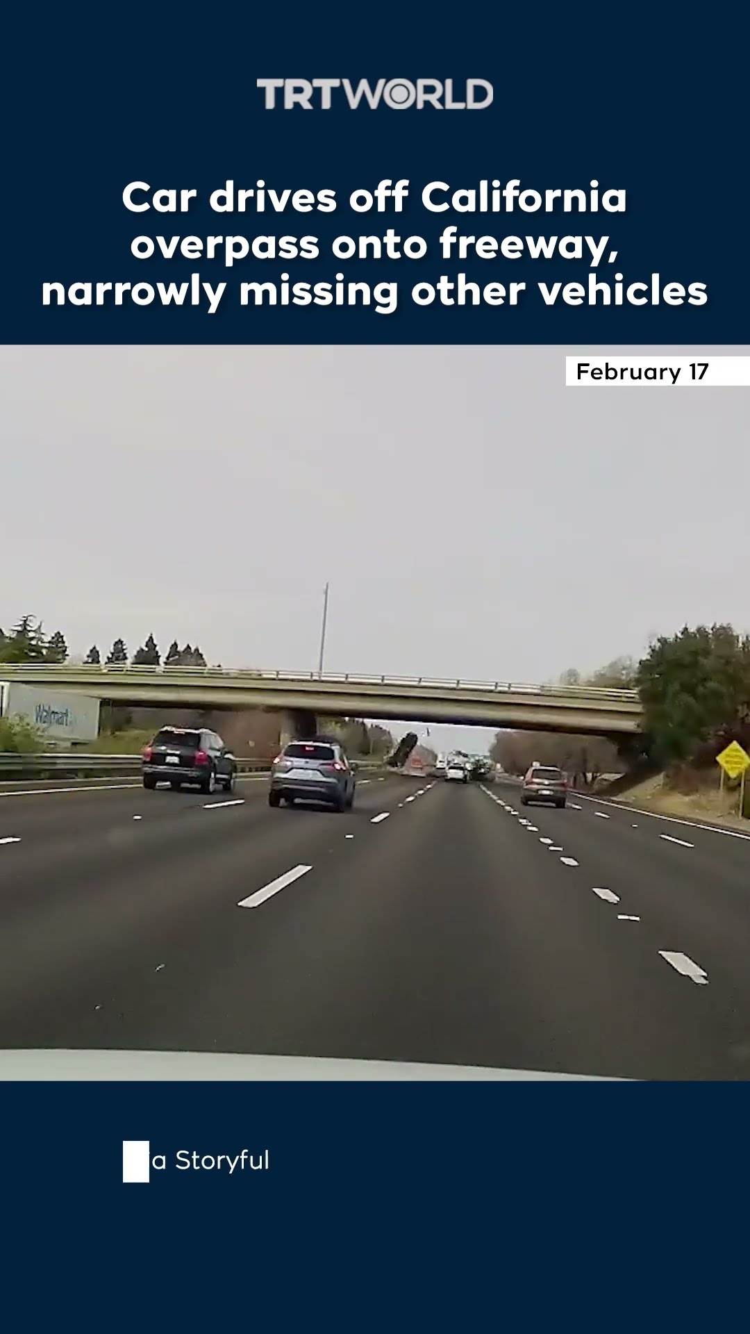 Car drives off California overpass onto freeway, narrowly missing other vehicles