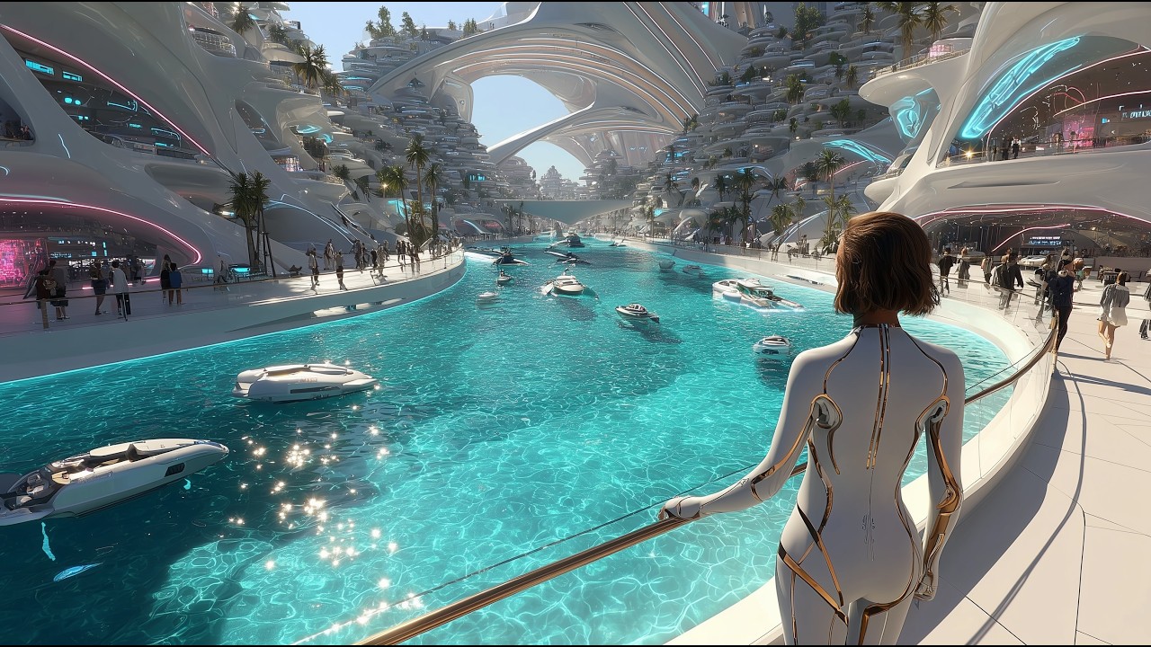 Inside the Future City 2150 : Sky Bridges, Neon Canals & Spacecraft | Sci Fi 4K