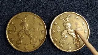 2002, 20 Cent euro, Error Coin Value, Italy.
