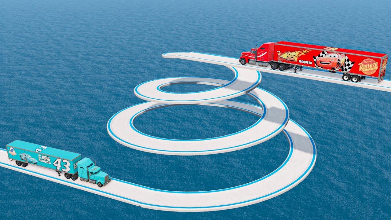 Mack Truck vs King Dinoco Truck vs Impossible Spiral Bridge Vs Cliff and Deep Water - BeamNG.Drive