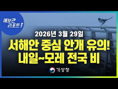 서해안 중심 안개 유의! 내일부터 전국 대부분 지역에 비 내려요. (기상청 예보 26년 3월 29일 05시 기준)