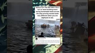 Sailors turn the well deck into a full on team building event racing homemade boats across the ship