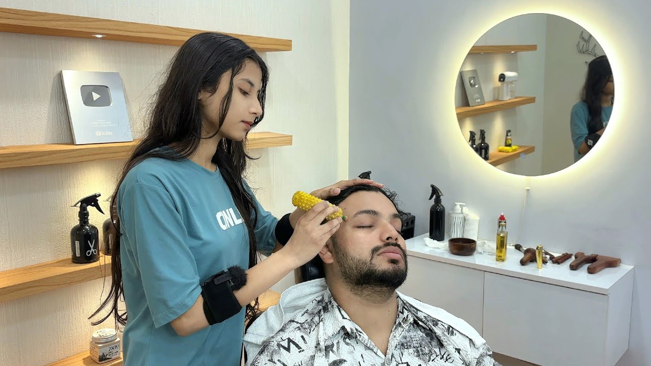 DEEP HEAD MASSAGE by girl SHIVU BARBER 💆🏻‍♂️| FIRE MASSAGE 🔥 & TOK-SEN ASMR ✨