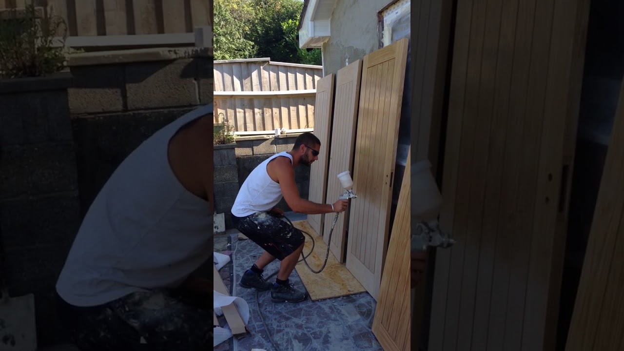 Spray painting clear lacquer on hardwood doors YouTube