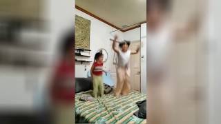 Dad Jumps On The Bed With Kids