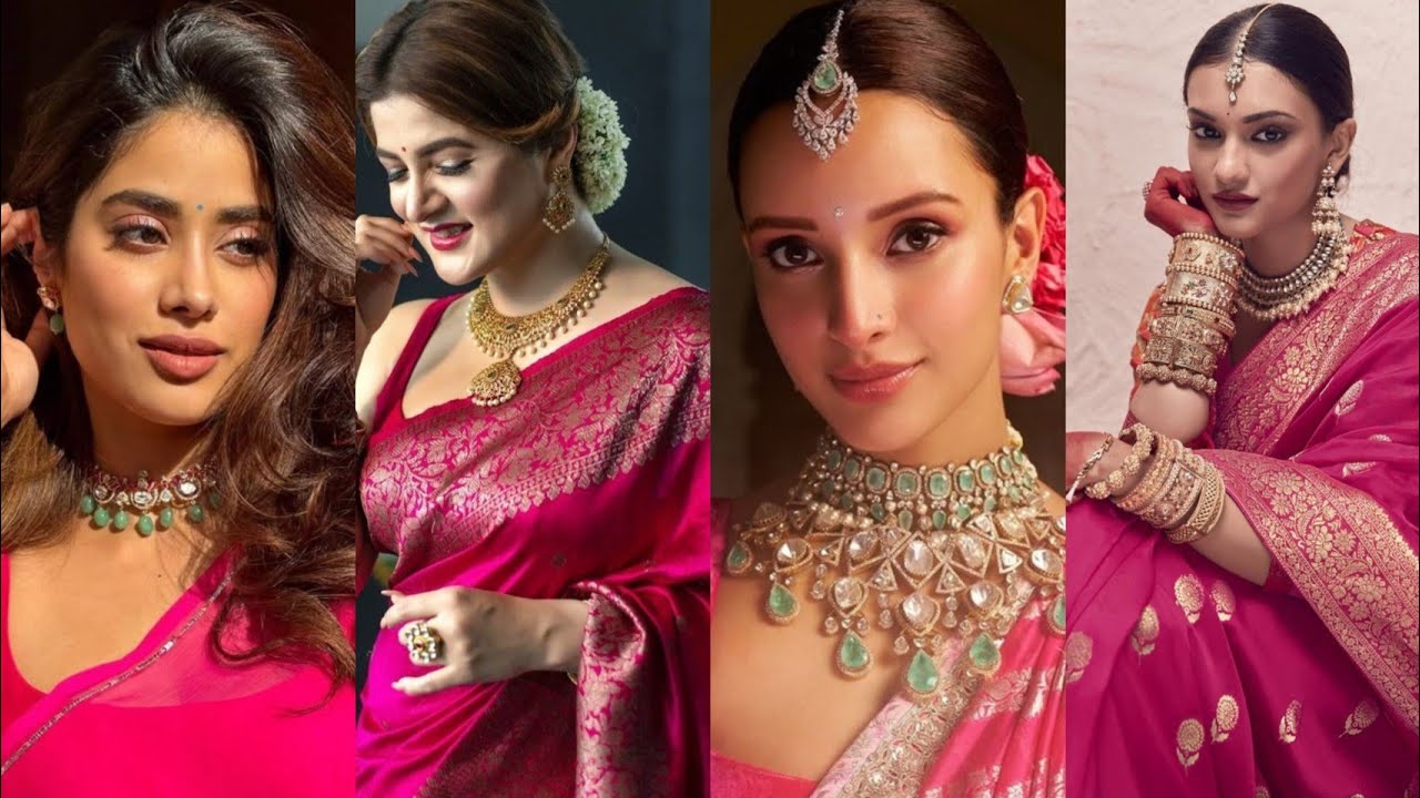 Jewellery ideas For rani pink Saree - how to style jewellery with rani pink Saree