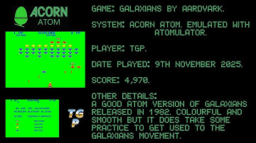 Galaxians by Aardvark - Acorn Atom - Emulated, Atomulator - 4,970 points.