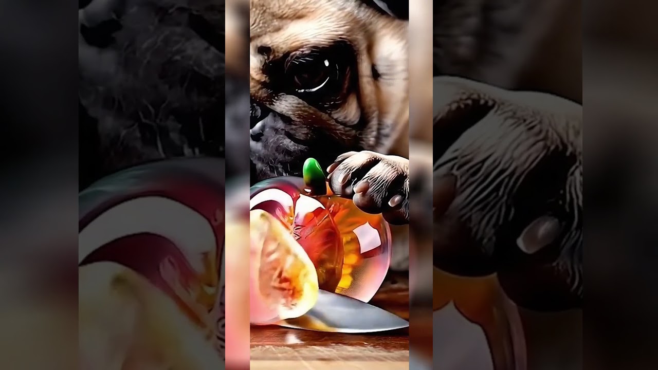 Pug slicing glass fruits 