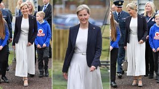 Sophie Wessex Stylish in Max Mara Dress as She Visited Wittering in Cambridgeshire