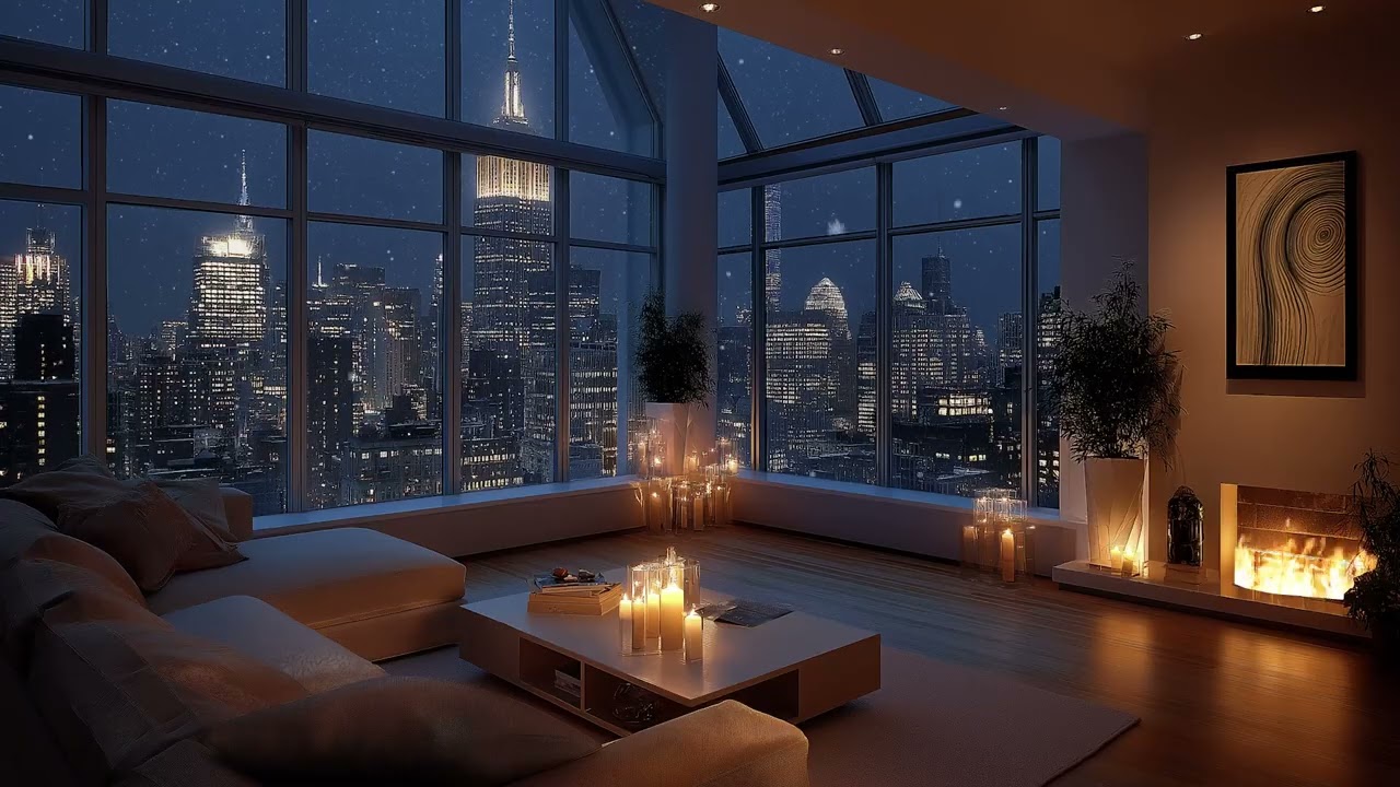 ❄️ Snowy Window Apartment | Relaxing Piano Jazz & Fireplace Ambience