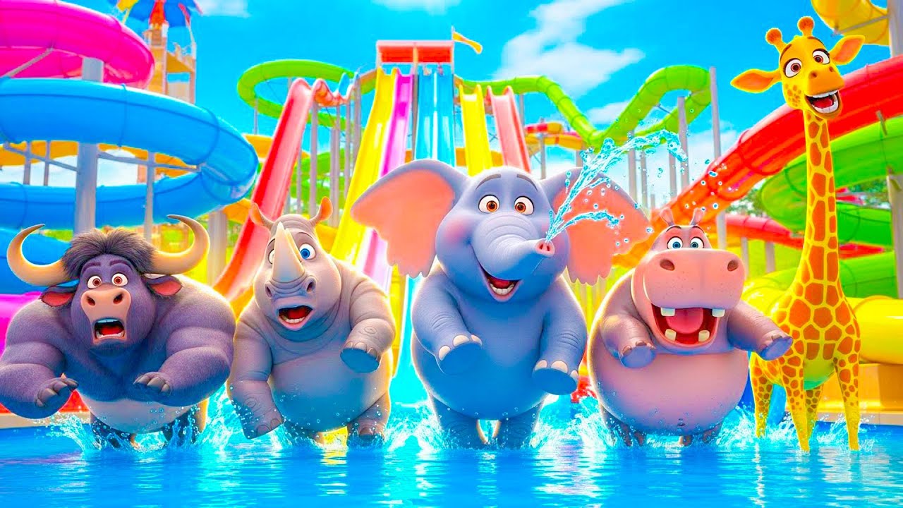 Crazy Animal Water Park Race! Gorilla Rhino Elephant Hippo Giraffe – Funny 3D Animals