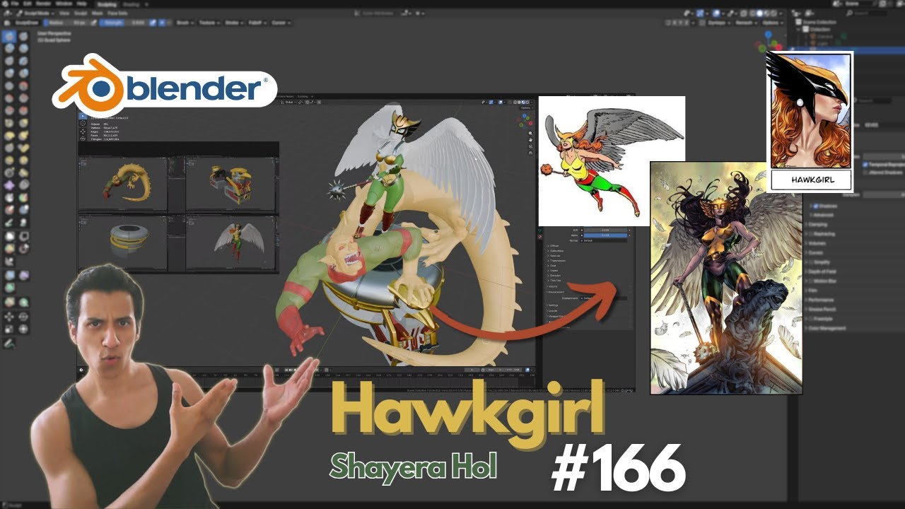 (Day 166) Blender Sculpting: Hawkgirl (DC Comics) - Adding materials
