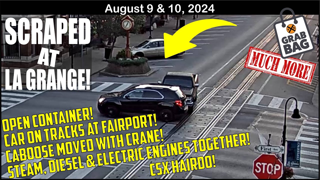 CAR SCRAPED AT LA GRANGE, CAR ON THE TRACKS AT FAIRPORT! OPEN CONTAINER, CSX HAIRDO, CABOOSE MOVED