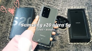 An aesthetic Samsung galaxy s20 ultra 5g & Samsung buds+ unboxing | accessories for phone and buds |