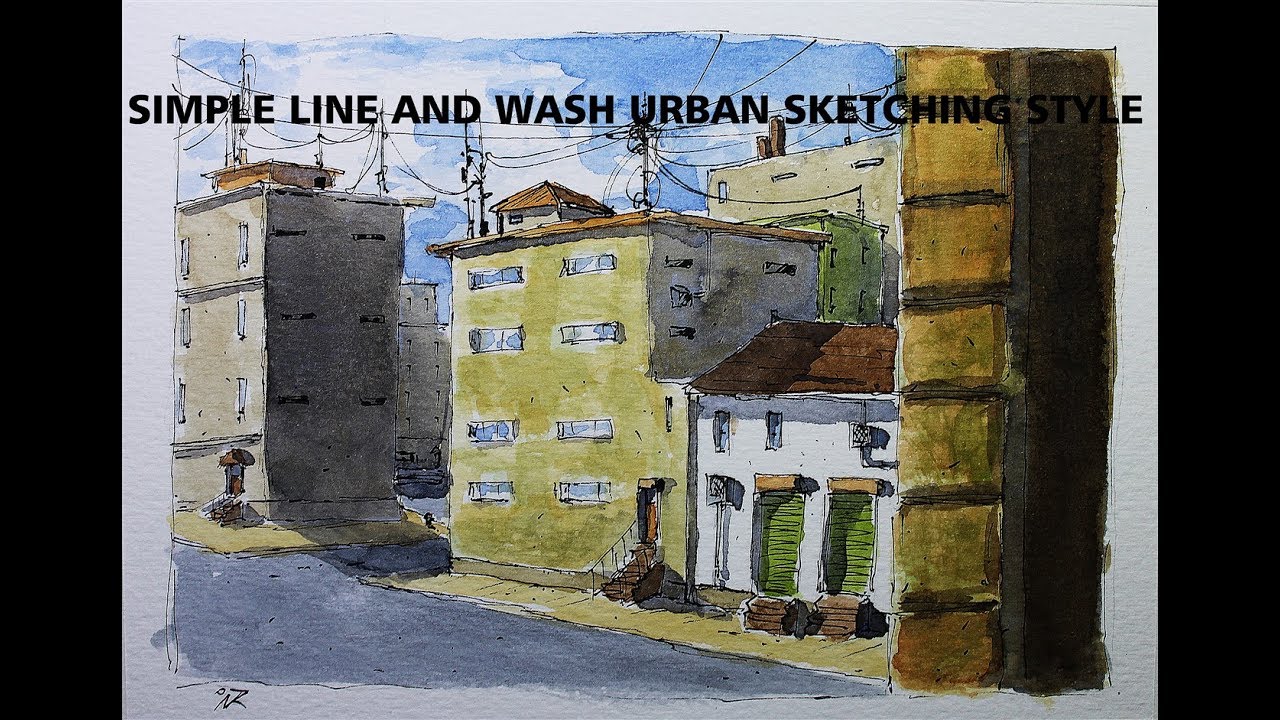 line and wash urban sketching style.Simple watercolor for beginner By ...