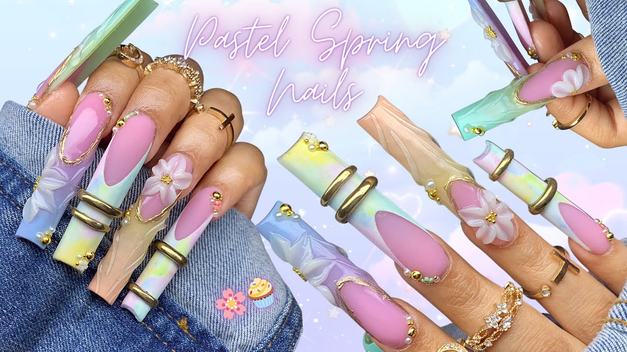 PASTEL SPRING ACRYLIC NAILS 🧁🌸/  MAXIMALIST FRENCH GEL NAIL ART 