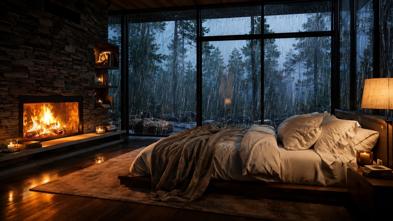 Soothing Rain ASMR in Forest Cabin Bedroom | Fireplace Ambience for ...