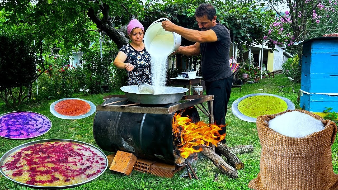 Сахарная карамель с орехами в бочке на дровах в азербайджанской деревне — 1 час релакса.