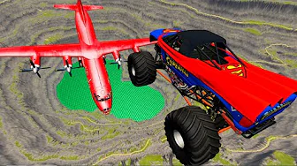 Throwing Monster Trucks At Red Tasticola Airplane Leap Of Death -  BeamNG.Drive