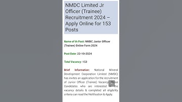 NMDC Limited Jr Officer (Trainee) Recruitment 2024- Apply Online for 153 Posts