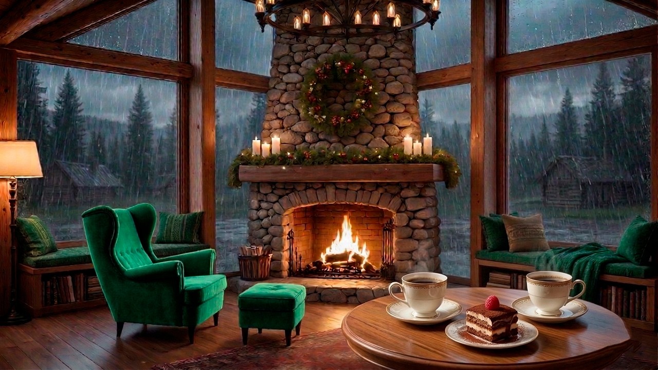 Warm Rainy Night Café 🌧️ Cozy Fireplace Sounds for Focus & Study | 12 Hours Jazz Mix