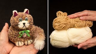 A funny cat out of yarn leftovers with an amazing tail  how to make a pompom!