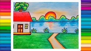 A Beautiful House Drawing Secenery House Drawing With River Step By Step