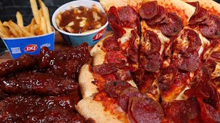 ASMR Pizza Hut Pepperoni & Cheese Pizza, DQ Honey BBQ Tenders, Poutine, And Fries Mukbang