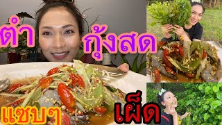 ส้มตำ กุ้งสดโคตรเผ็ด เก็บผักป่า กินกับแซบๆสุดๆจ้า