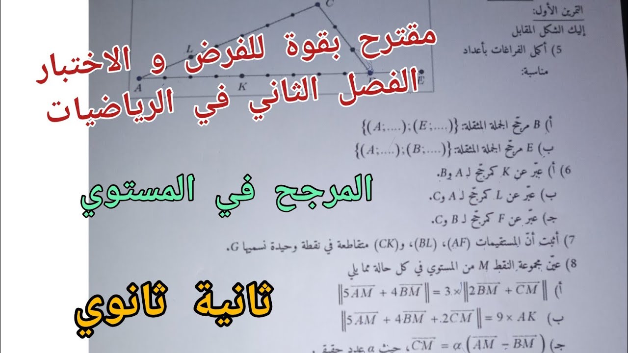 مقترح بقوة للفرض و الاختبار الفصل الثاني في الرياضيات حول المرجح في المستوي للسنة الثانية ثانوي